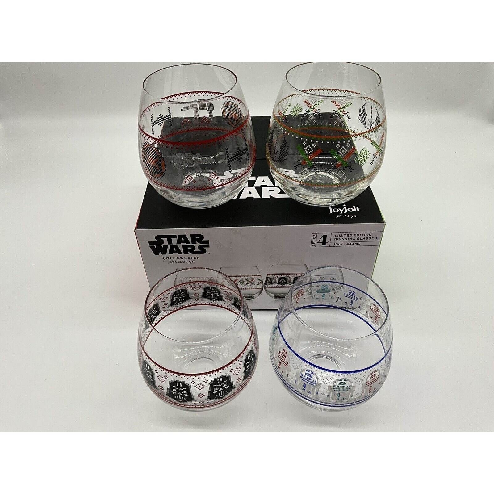 JoyJolt Star Wars Ugly Sweater Collection 15 oz. Stemless Drinking Glass (Set of 4)