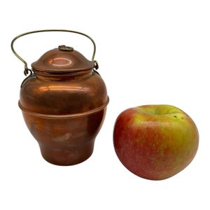 May include: A small, antique copper pot with a lid and a brass handle, next to a red and green apple. The pot has a rounded body and a lid with a small loop. The apple is round and has red and green skin.