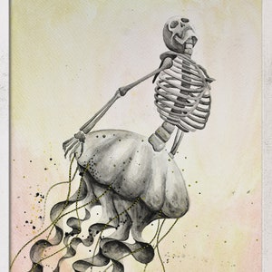 Watercolor painting, fantasy art, watercolor technique on paper, original painting, handmade, surreal skeleton, framed art.