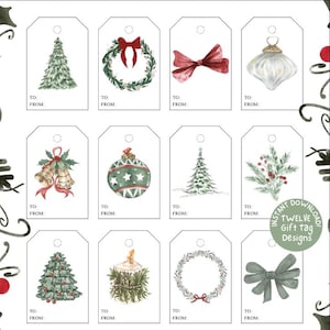 以下が含まれることがあります： クリスマスツリー、オーナメント、リース、リボンの水彩イラストが特徴の12種類のギフトタグデザイン。各タグには「To:」と「From:」のスペースがあり、ホリデーギフトに最適です。