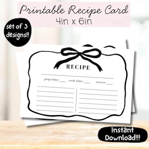 Cartão de receita para impressão, Cartão de receita com laço de coquete, Cartão de receita para cozinhar, Cartão de receita em branco, Cartão de receita para download instantâneo, Cartão de receita 4x6