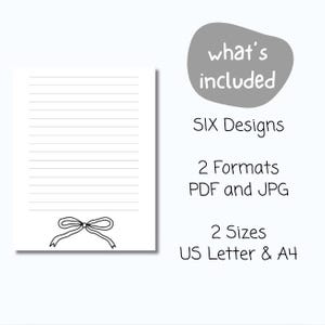 Op de afbeelding: Een wit gelijnd notitieblok met een strik illustratie aan de onderkant. De afbeelding bevat de tekst "what's included", "SIX Designs", "2 Formats PDF and JPG" en "2 Sizes US Letter & A4".