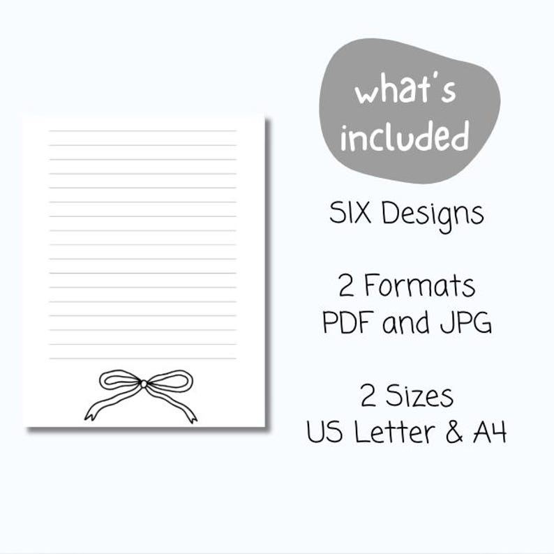 Op de afbeelding: Een wit gelijnd notitieblok met een strik illustratie aan de onderkant. De afbeelding bevat de tekst "what's included", "SIX Designs", "2 Formats PDF and JPG" en "2 Sizes US Letter & A4".