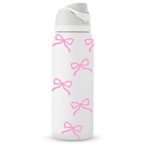 May include: White water bottle with a light gray lid and a pattern of pink bows. The bottle is cylindrical and has a flip-top lid. The bows are evenly spaced across the bottle's surface.