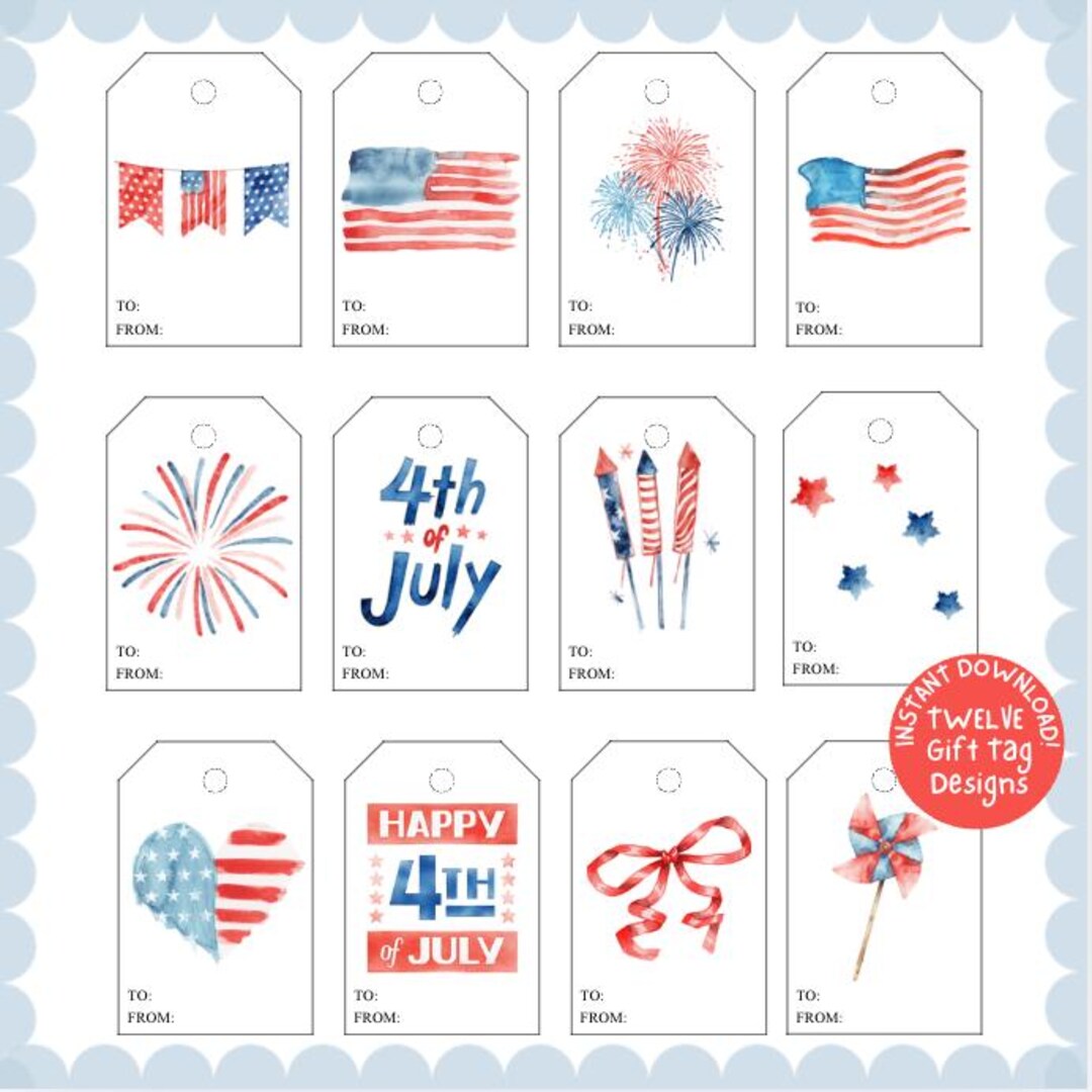 Fourth of July Gift Tags, Patriotic Red White Blue Designs (12 Count ...