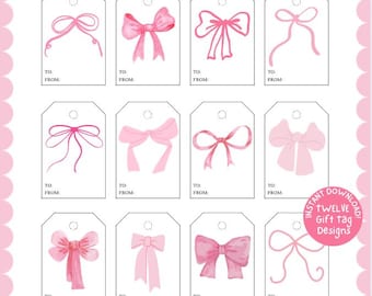 Pink Gift Tag Set, Coquette Bow Designs, 12 Tags (PDF, JPG, PNG)