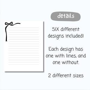 Op de afbeelding: Een witte gelijnde notitieblok met een zwart lintontwerp in de linkerbovenhoek. De tekst rechts luidt: "details", "SIX different designs included!", "Each design has one with lines, and one without. 2 different sizes."