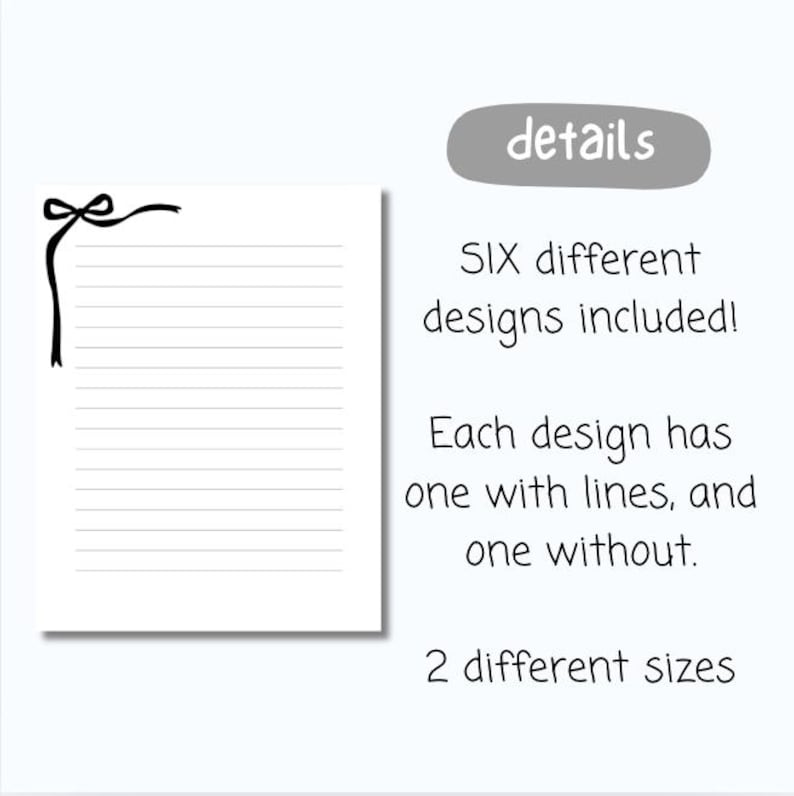 Op de afbeelding: Een witte gelijnde notitieblok met een zwart lintontwerp in de linkerbovenhoek. De tekst rechts luidt: "details", "SIX different designs included!", "Each design has one with lines, and one without. 2 different sizes."