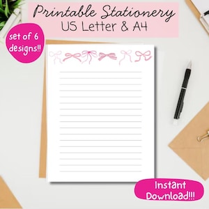 Carta da lettere stampabile, carta a righe, carta rosa, fiocco Coquette, carta da lettere stampabile, carta da lettere stampabile, a righe, non a righe, sei design
