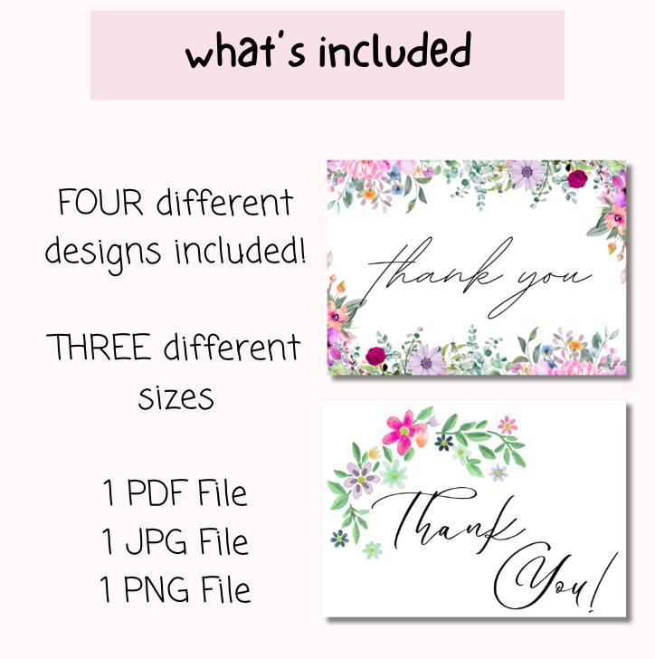 Floral Thank You Card Set: 4 Printable Designs (PDF, JPG, PNG) - Etsy UK
