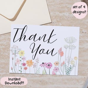 Cartão de agradecimento para impressão, cartão de agradecimento floral, conjunto de cartões de agradecimento, cartão floral para impressão, lindo cartão de agradecimento, cartão com flores
