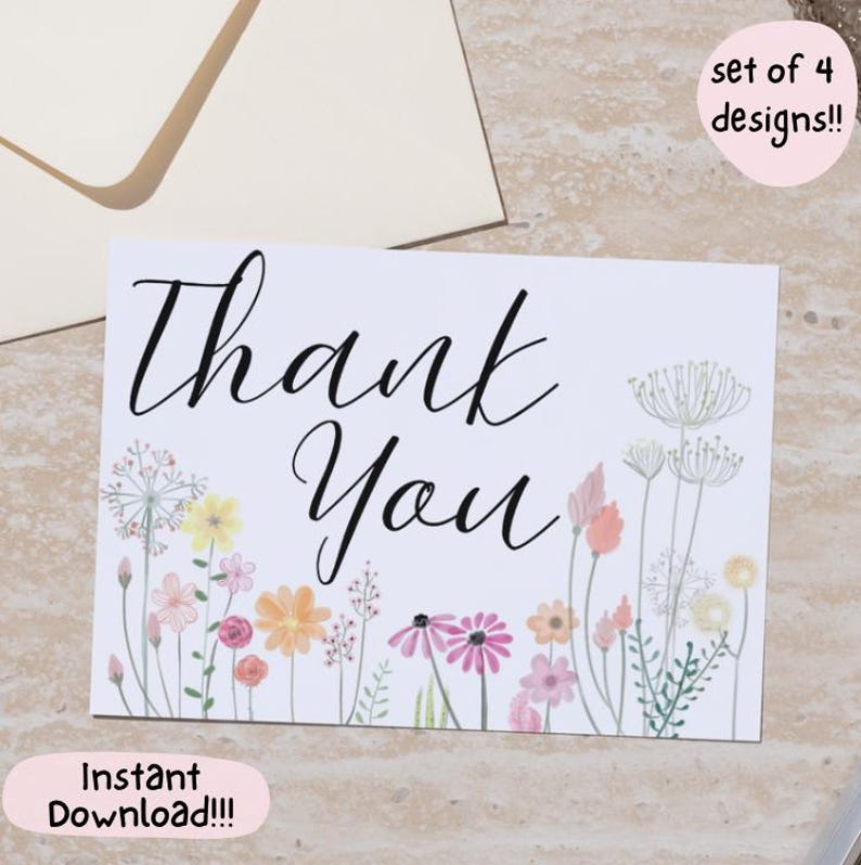 Floral Thank You Card Set: 4 Printable Designs (PDF, JPG, PNG) - Etsy