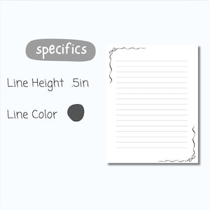 Op de afbeelding: Een wit gelijnd notitieblok met decoratieve zwarte krullen in de hoeken. De tekst "specifics" staat boven de tekst "Line Height .5in" en "Line Color". Een donkergrijze cirkel staat naast "Line Color".