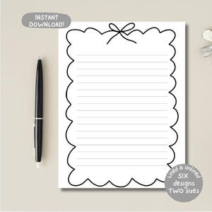 Puede incluir: Una hoja de papel de carta rectangular blanca con un borde festoneado negro y una ilustración de un lazo negro en la parte superior central. La hoja presenta líneas negras horizontales. Un bolígrafo negro se sitúa a la izquierda de la hoja.