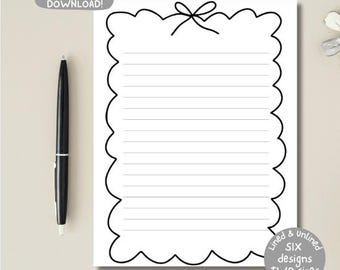 Peut inclure: Une feuille de papier à lettres rectangulaire blanche avec une bordure festonnée noire et une illustration de nœud noir en haut au centre. La feuille présente des lignes noires horizontales. Un stylo noir est placé à gauche de la feuille.