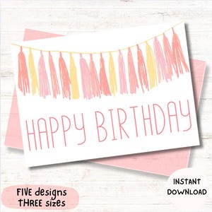Printable Birthday Card, Printable Happy Birthday Card, Pink Birthday Card, Yellow Birthday Card, Instant Download Birthday Card, 5 designs