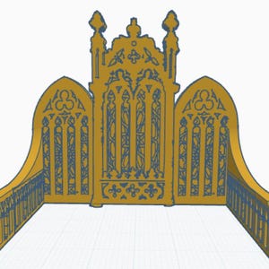 May include: A gold-colored, three-dimensional model of a gothic-style archway with intricate details. The archway is made of thin, delicate lines and has a pointed top.