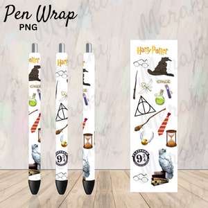 May include: A set of three Harry Potter themed pen wraps. The wraps feature a white background with various Harry Potter symbols, including the Hogwarts crest, a golden snitch, a Gryffindor scarf, and a Hogwarts Express ticket. The text "Harry Potter" is printed at the top of each wrap.