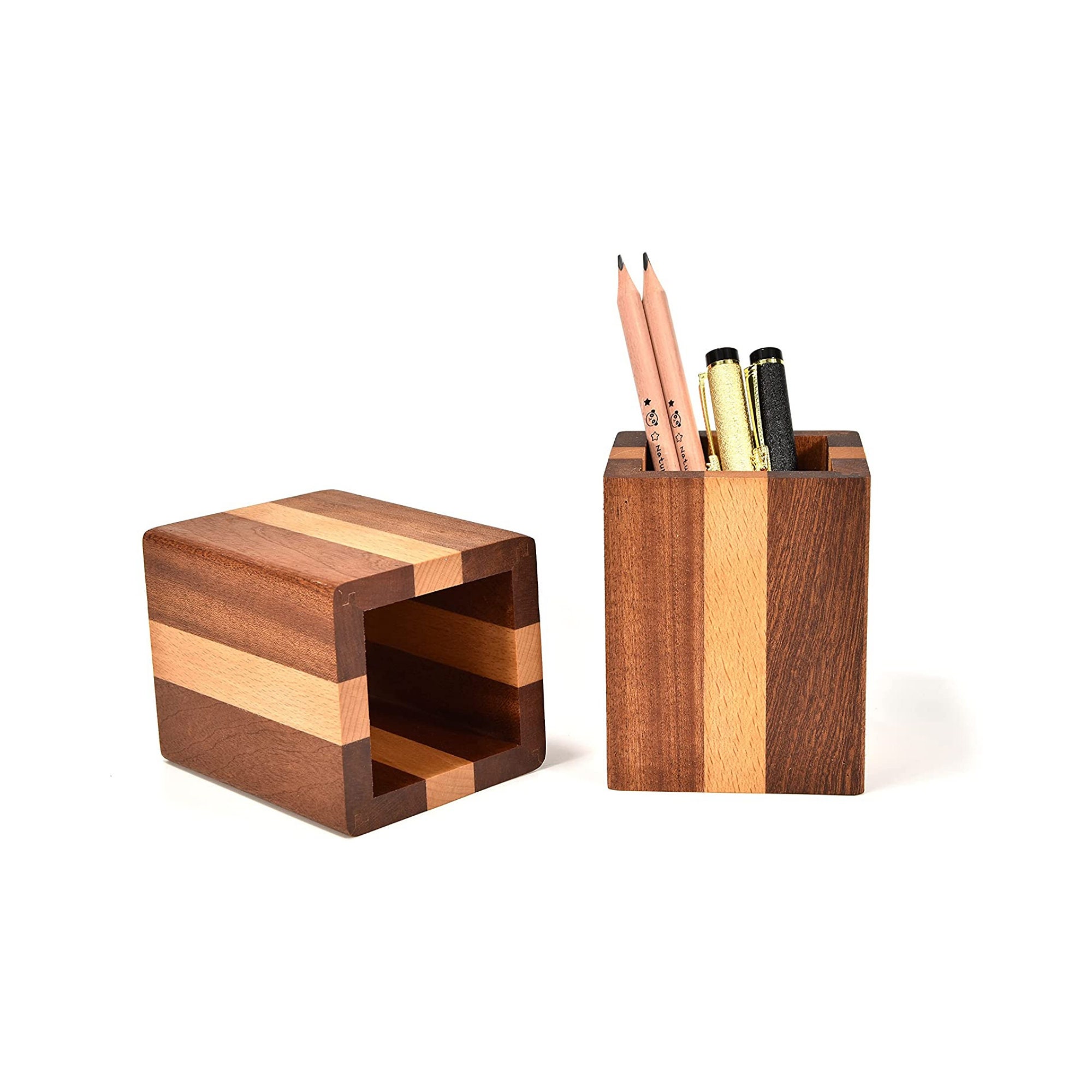 Small Wooden Desk Caddy, Wooden Pencil and Pen Holder, Wood Desk Organizer,  Walnut and Sapele Wood Desk Accessory, Personalized Gift 