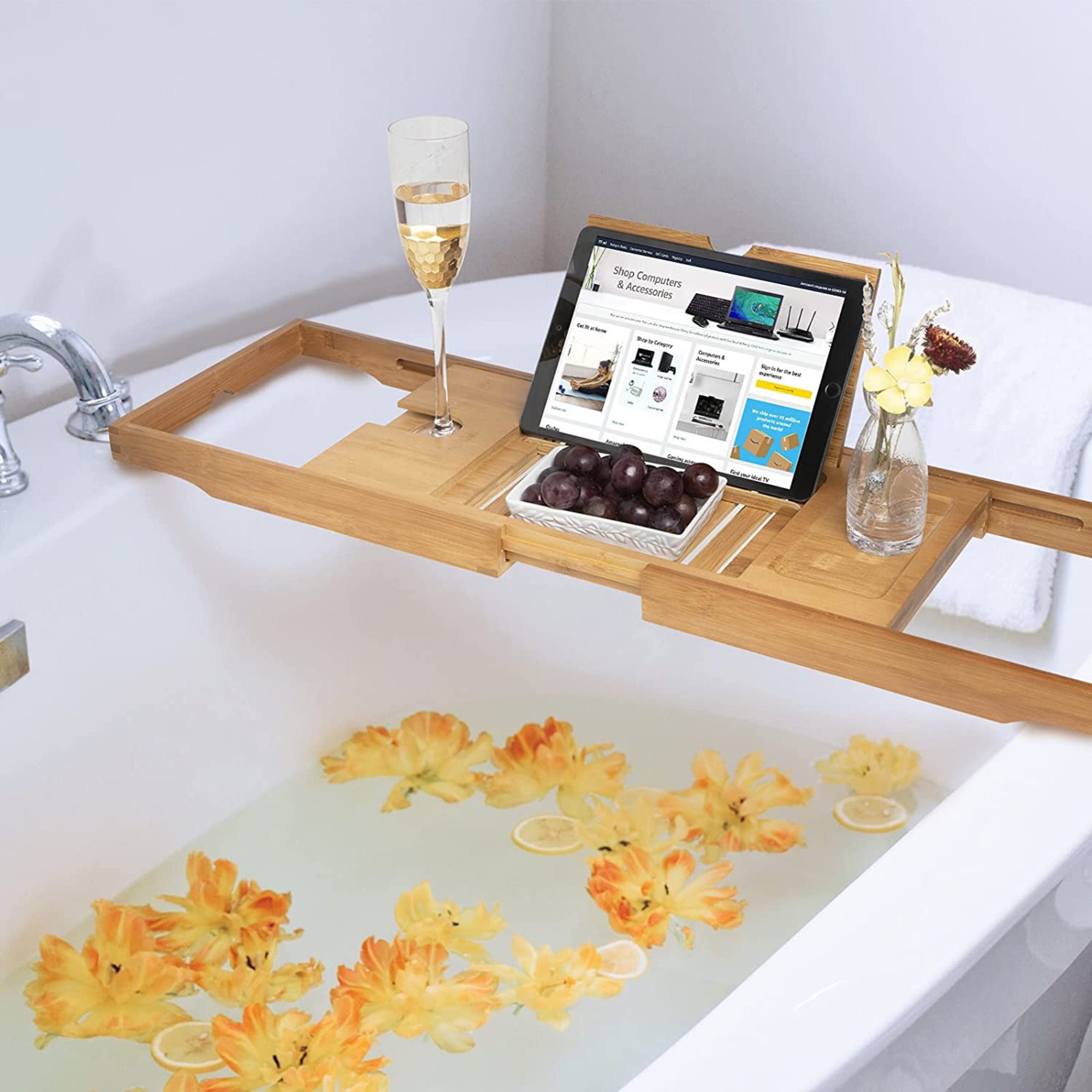 Bathtub Caddy Tray, Expandable Bath Shelf, Adjustable Plastic