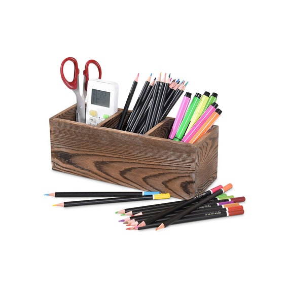 Rustic Wood Pencil Pen Holder, Kids Desk Stationery Pen Organizer 3  Compartment, Multi-use Desktop Organizer Storage Caddy for Office, Gifts -   Denmark