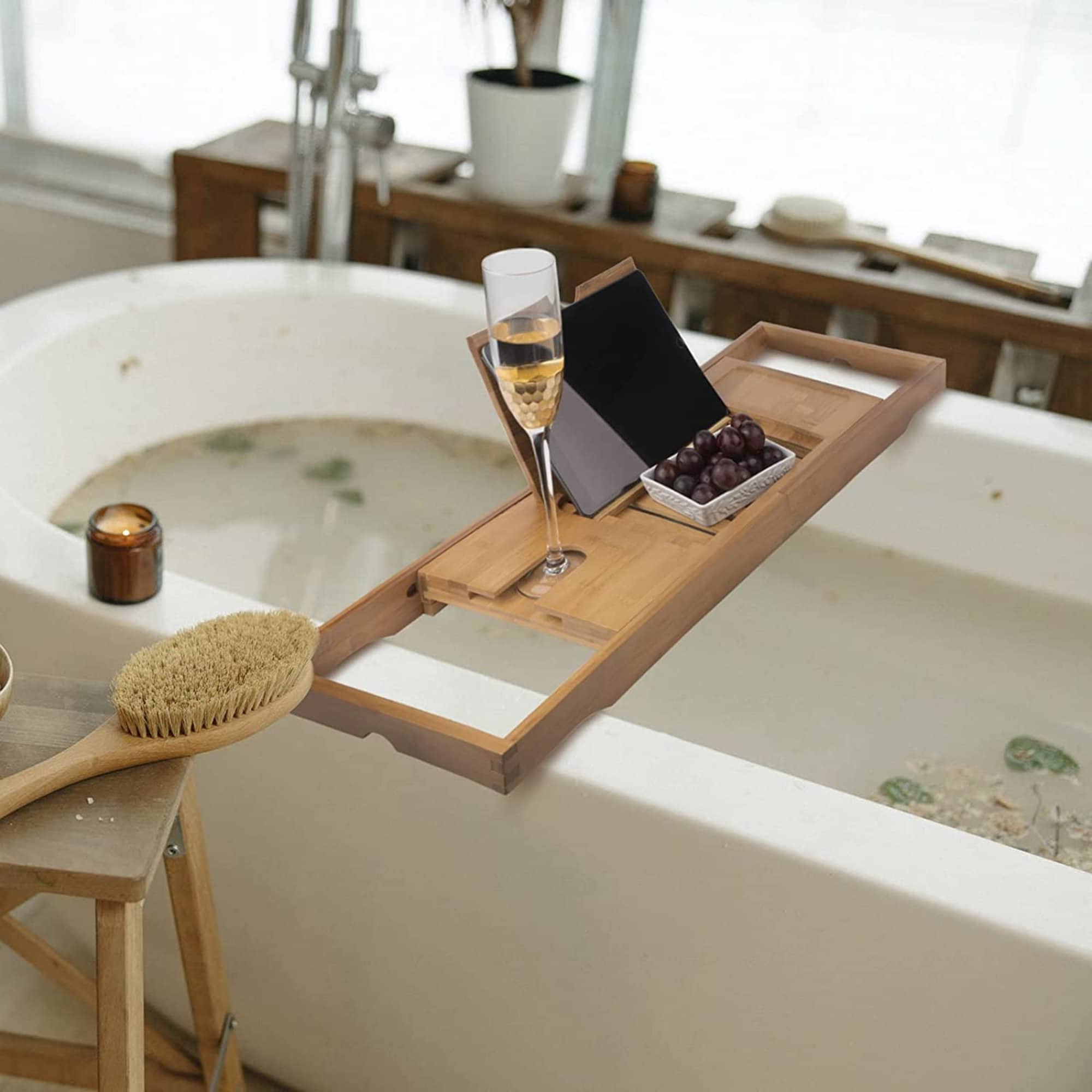 Wooden Bath Caddy Tray, iMounTEK Expandable Sides Bath Caddy Tray (Book,  Wine, Glass, Cell Phone Holder) Christmas Gift