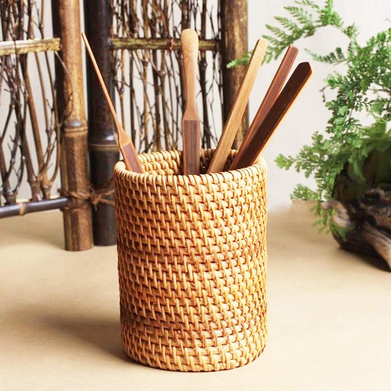 Handmade Wicker Pen Holder Nature Rattan Makeup Brush Holder Etsy
