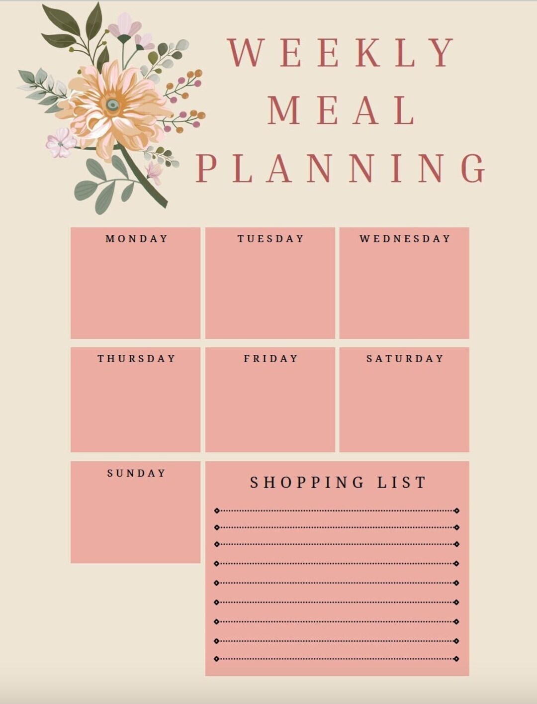 Weekly Meal Planning Template - Girly Style - Etsy