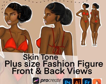 Può includere: Illustrazione digitale di una figura di moda dalla pelle scura in bikini rosso, mostrata nelle viste anteriore e posteriore. Il testo include "Hey, I'm Foxie", "Skin Tone" e "Plus size Fashion Figure". L'immagine mostra anche icone di software di progettazione.