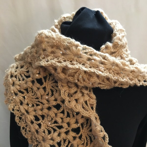 Hand crochet ladies sparkly shawl-scarf in beige