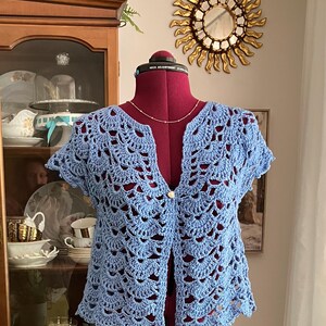 Crochet Cardigan, Handmade, Shell Stich, Pearl Button, Light Blue, Round Neck, Sleeveless