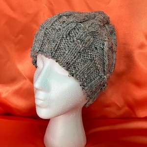Knit Cabled Beanie, Cable Knit Hat, Handmade, Ladies Winter Hat, 8 in Long, Stretches to fit head circumference of 21 in, Acrylic, Winter