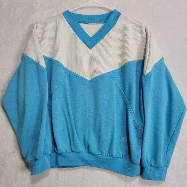 Vintage 80s 90s Adidas V-Neck Sweatshirt Blue White Ribbed Top *READ*