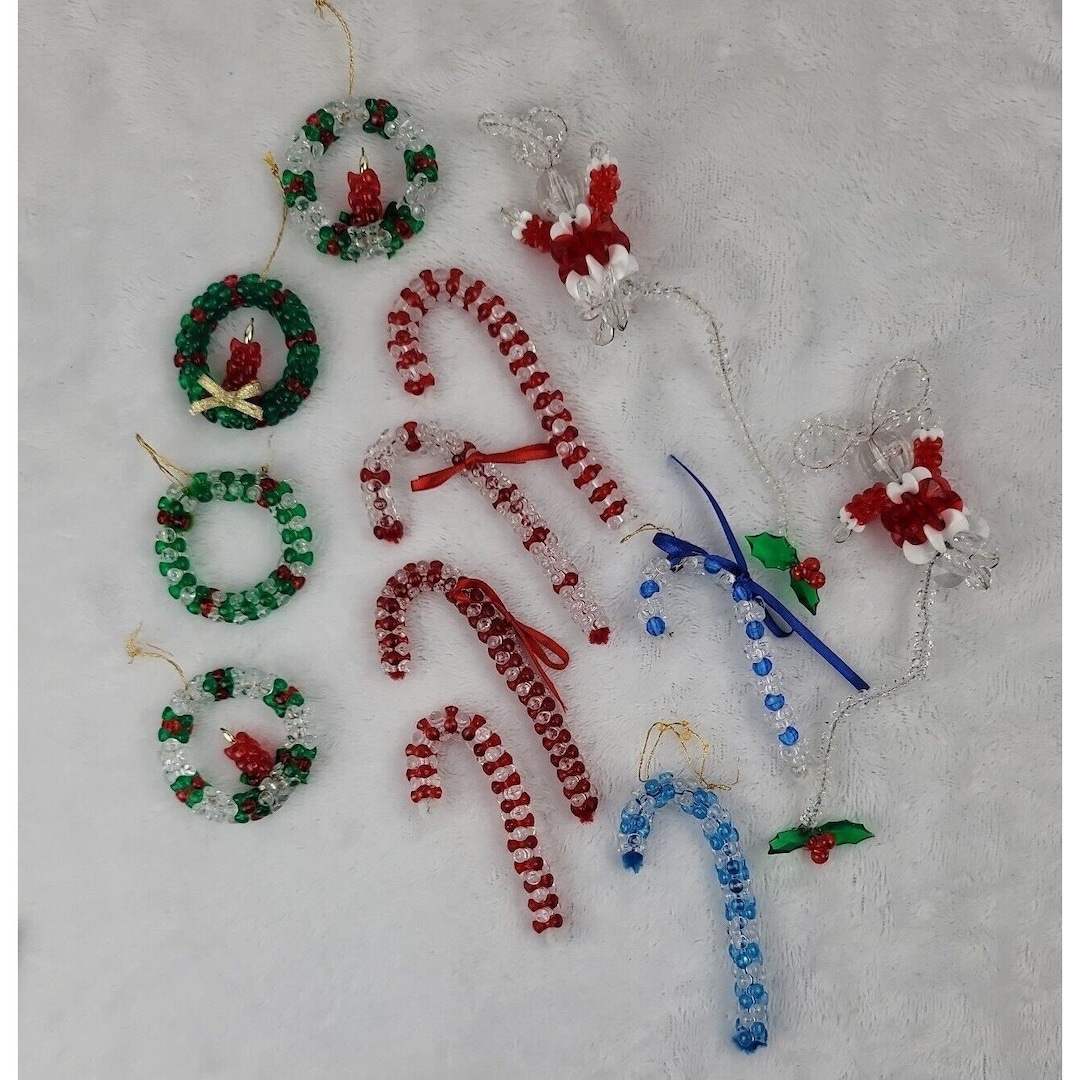 Vintage Beaded Christmas Ornaments Lot of 13 Wreath Bell Candy Canes Etsy