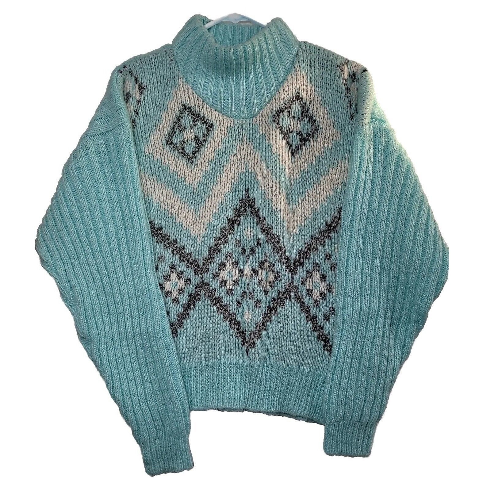 Vintage 1980s Chunky Teal & Grey Metallic Turtleneck Sweater