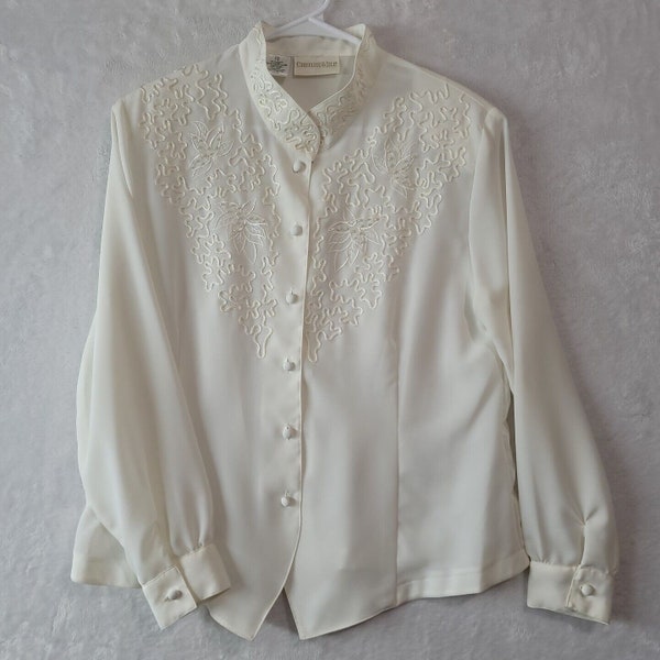 VTG Christie & Jill Bluse Damen Größe 12 Elfenbein bestickt Perle Button Shirt