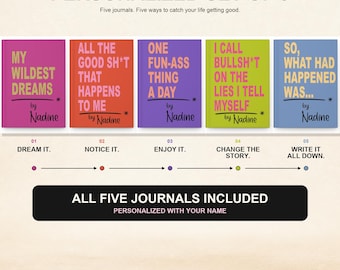 May include: A set of five colorful journals titled The Complete Journey. Each journal features unique text: My Wildest Dreams, All The Good Sh*t That Happens To Me, One Fun-Ass Thing A Day, I Call Bullsh*t On The Lies I Tell Myself, and So, What Had Happened Was...