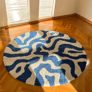 Waves in a circle, blue wave rug, tufting rug and abstract shapes, textile art. Gift for home. Living room, carpet. Hand made rugs