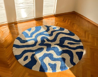 Waves in a circle, blue wave rug, tufting rug and abstract shapes, textile art. Gift for home. Living room, carpet. Hand made rugs