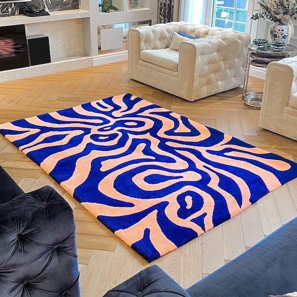 Handmade Salmon in a wave, blue wave rug, tufting rug and abstract shapes, textile art. Salmon color, living room and gift rug.