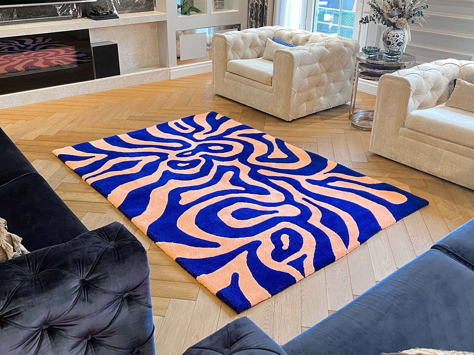 Salmon Color Rug Handmade Salmon in a Wave, Blue Wave Rug, Tufting Rug and Abstract ...