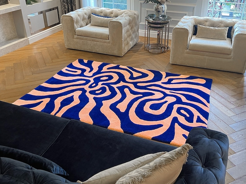 Salmon Color Rug Handmade Salmon in a Wave, Blue Wave Rug, Tufting Rug and Abstract ...