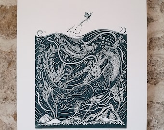 Original lino print of an otter, salmon and mayfly in dark blue ink