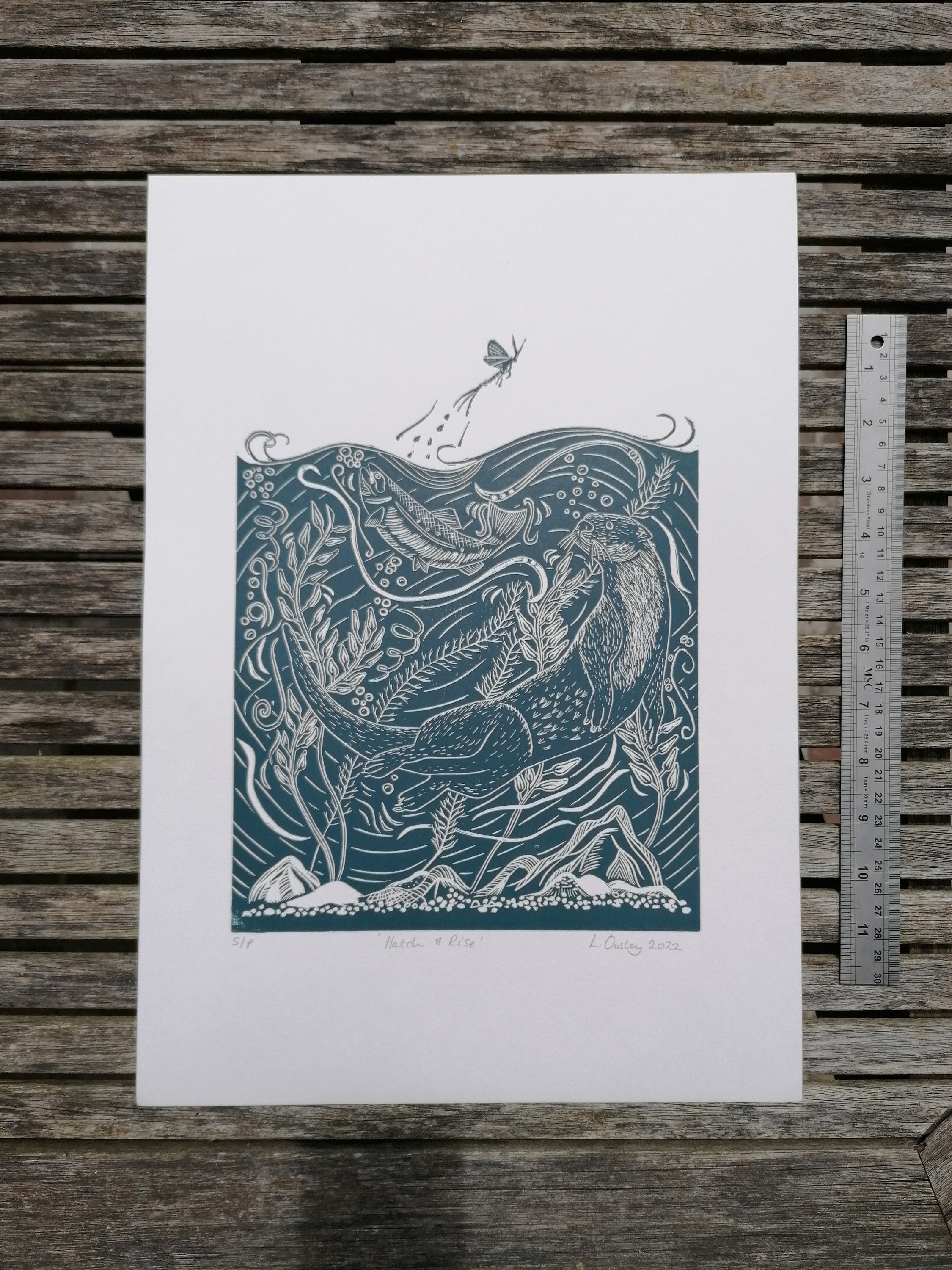Original Lino Print of an Otter, Salmon and Mayfly in Dark Blue Ink - Etsy