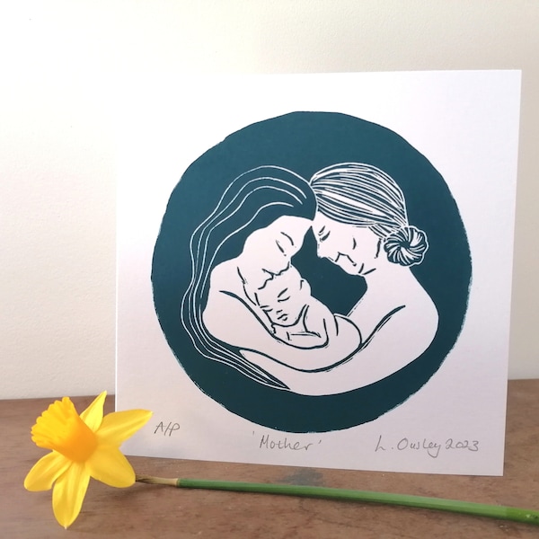 A beautiful hand printed card of a mother, child and grandmother