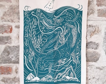 Screen printed otter tea towel from original lino print