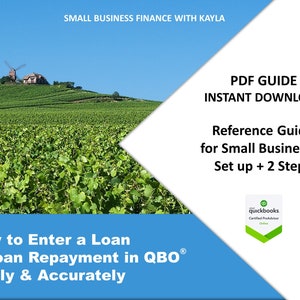 May include: A blue and white graphic with a vineyard landscape and text that reads "How to Enter a Loan & Loan Repayment in QBO® Easily & Accurately" and "PDF Guide Instant Download Reference Guide for Small Businesses Set up + 2 Steps".