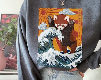 Red Pandazilla Japan Great Wave Shirt, Panda Lover Tee, Funny Red Panda Sweatshirt, Vintage Pandazilla Hoodie