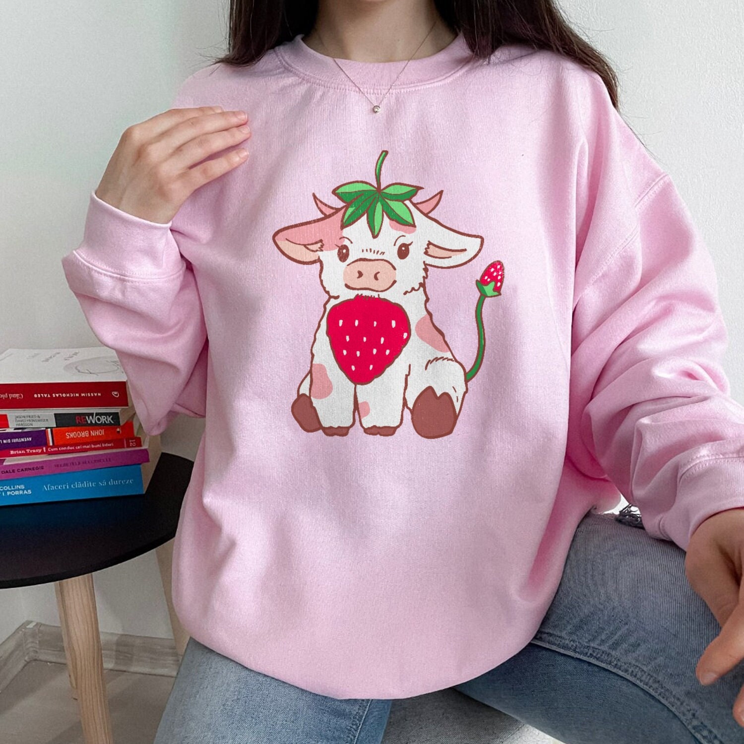 Strawberry Cow Embroidered Crewneck Cow Embroidered Crewneck Cute