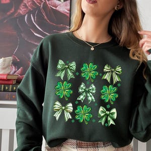 Coquette St. Patrick&#39;s Day Bow Shirt, Shamrock Bow Tee, Lucky Clover Sweater, St. Patty&#39;s Day Apparel, Festive Irish Clothing For Women